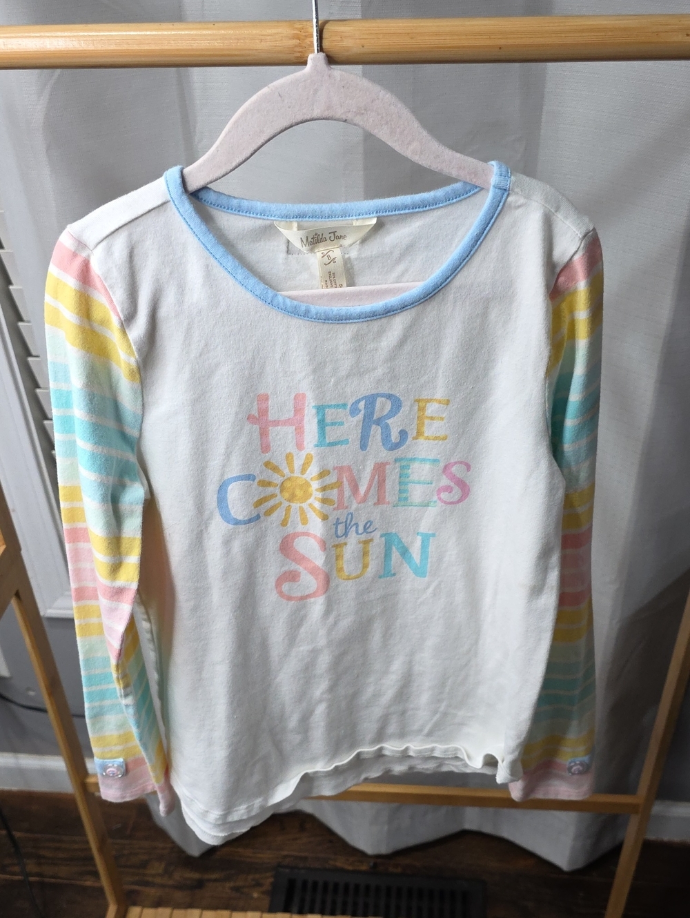 Matilda Jane White Long-Sleeve Top with Pastel Striped Sleeves